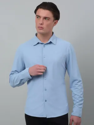 Men's Blue Casual Plain Stretch Full Sleeve Shirt