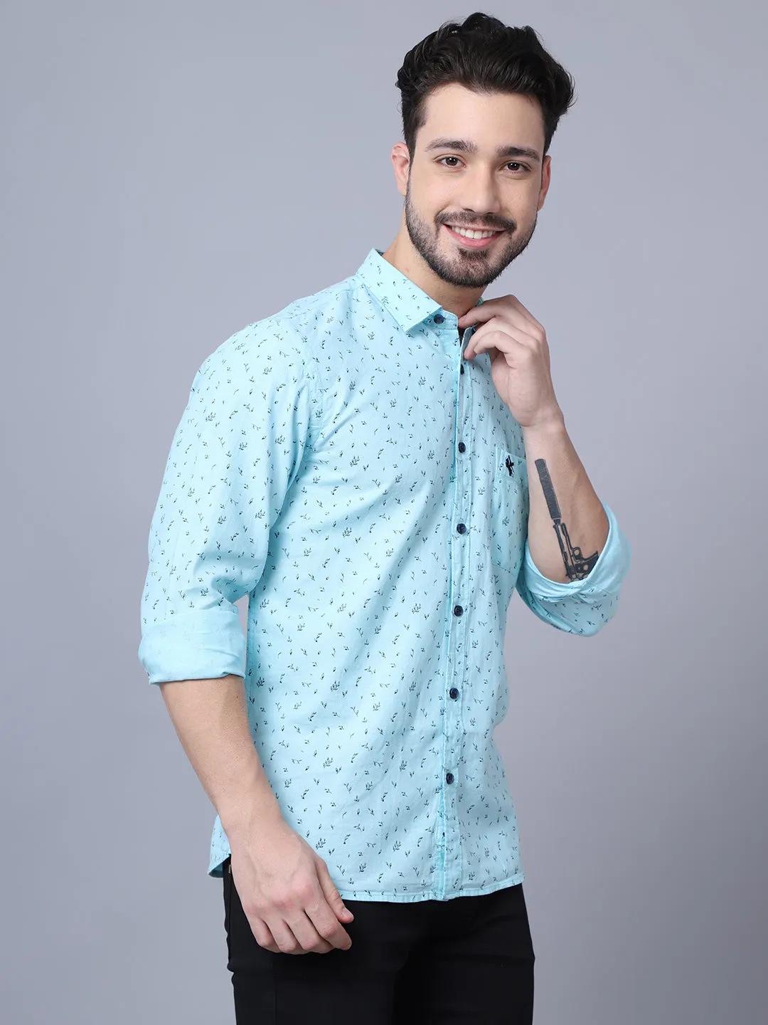 Men's Mint Blue Casual Floral Print Full Sleeve Shirt