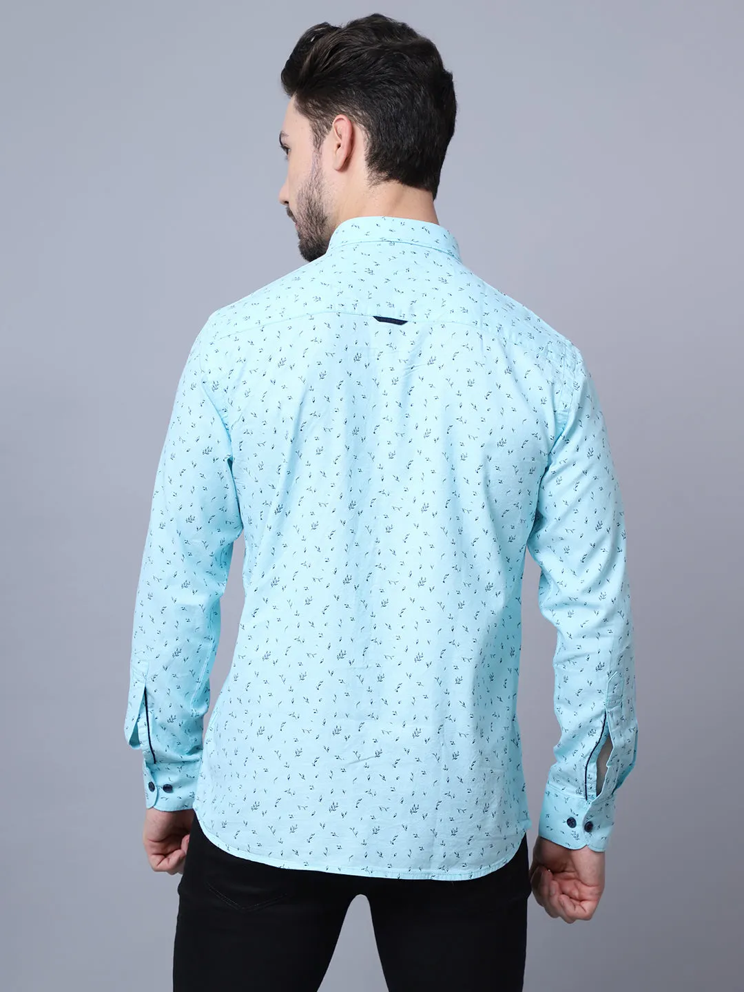 Men's Mint Blue Casual Floral Print Full Sleeve Shirt