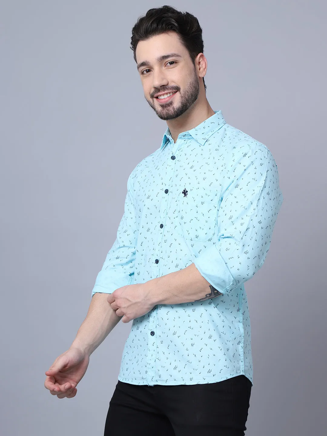 Men's Mint Blue Casual Floral Print Full Sleeve Shirt