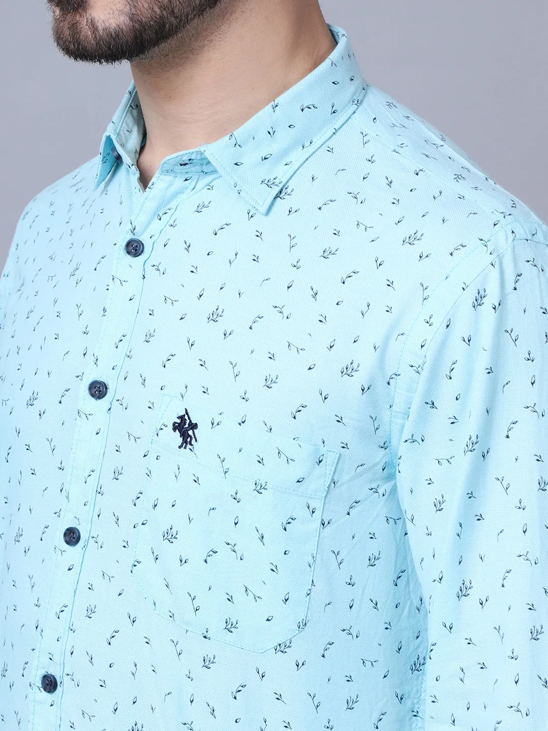 Men's Mint Blue Casual Floral Print Full Sleeve Shirt