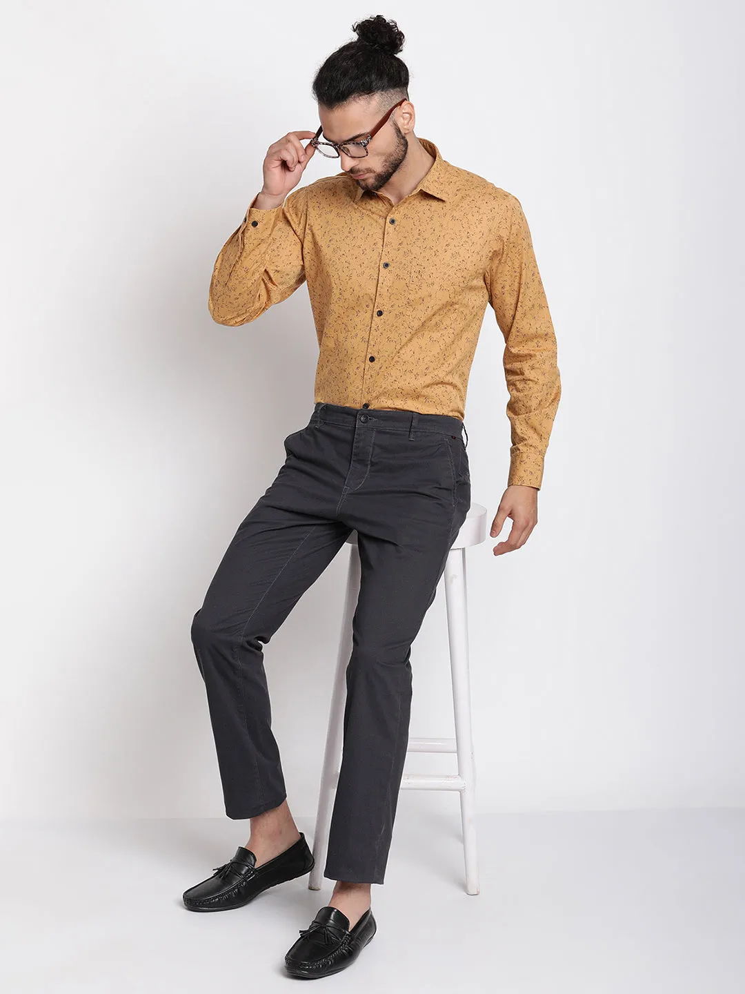 Men's Mustard Casual Abstract Print Full Sleeve Shirt