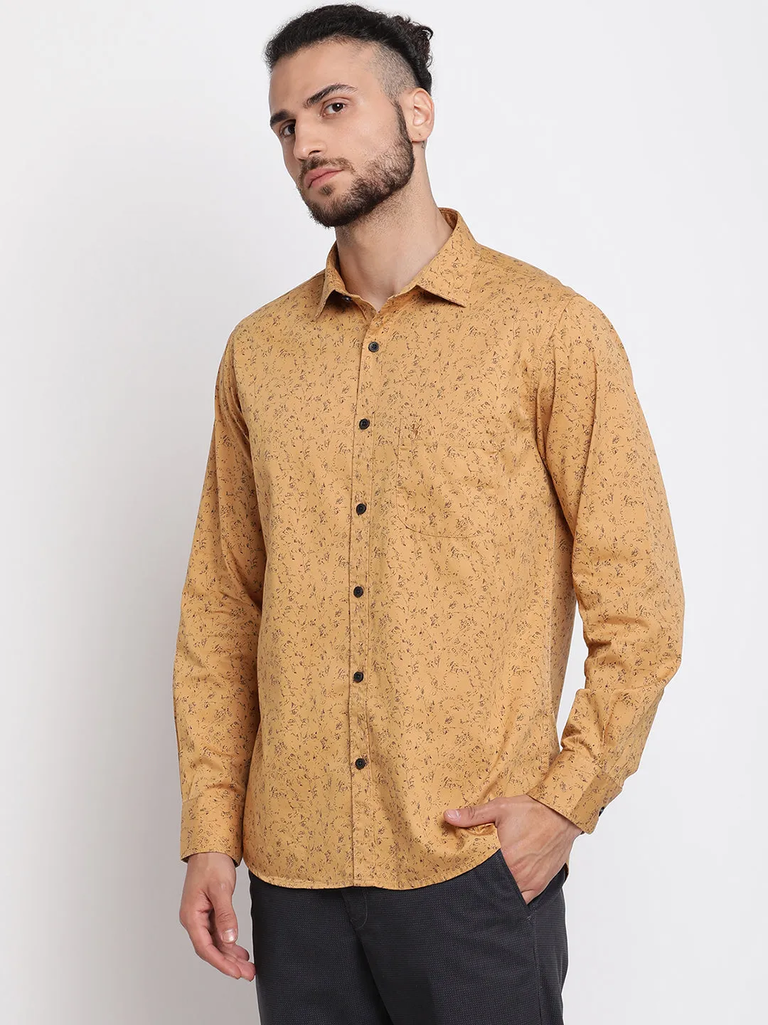 Men's Mustard Casual Abstract Print Full Sleeve Shirt