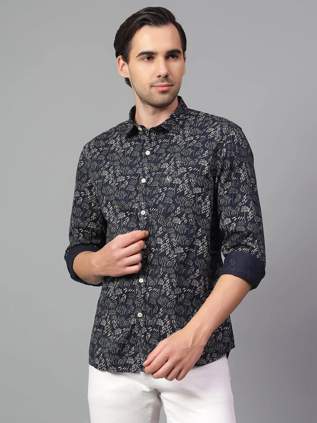 Men's Navy Blue Printed Full Sleeve Casual Shirt