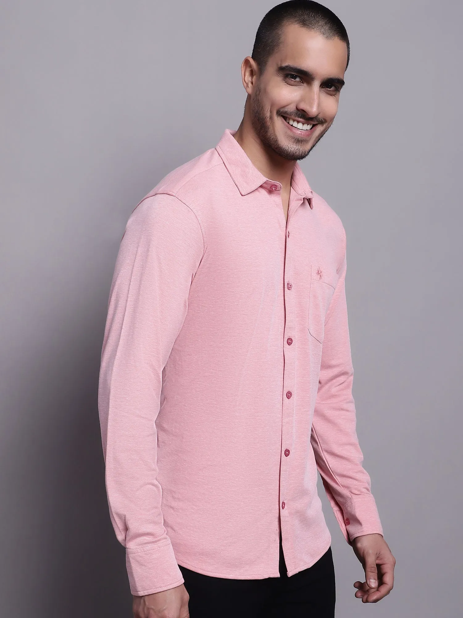 Men's Pink Casual Knit Self Textured Full Sleeve Shirt