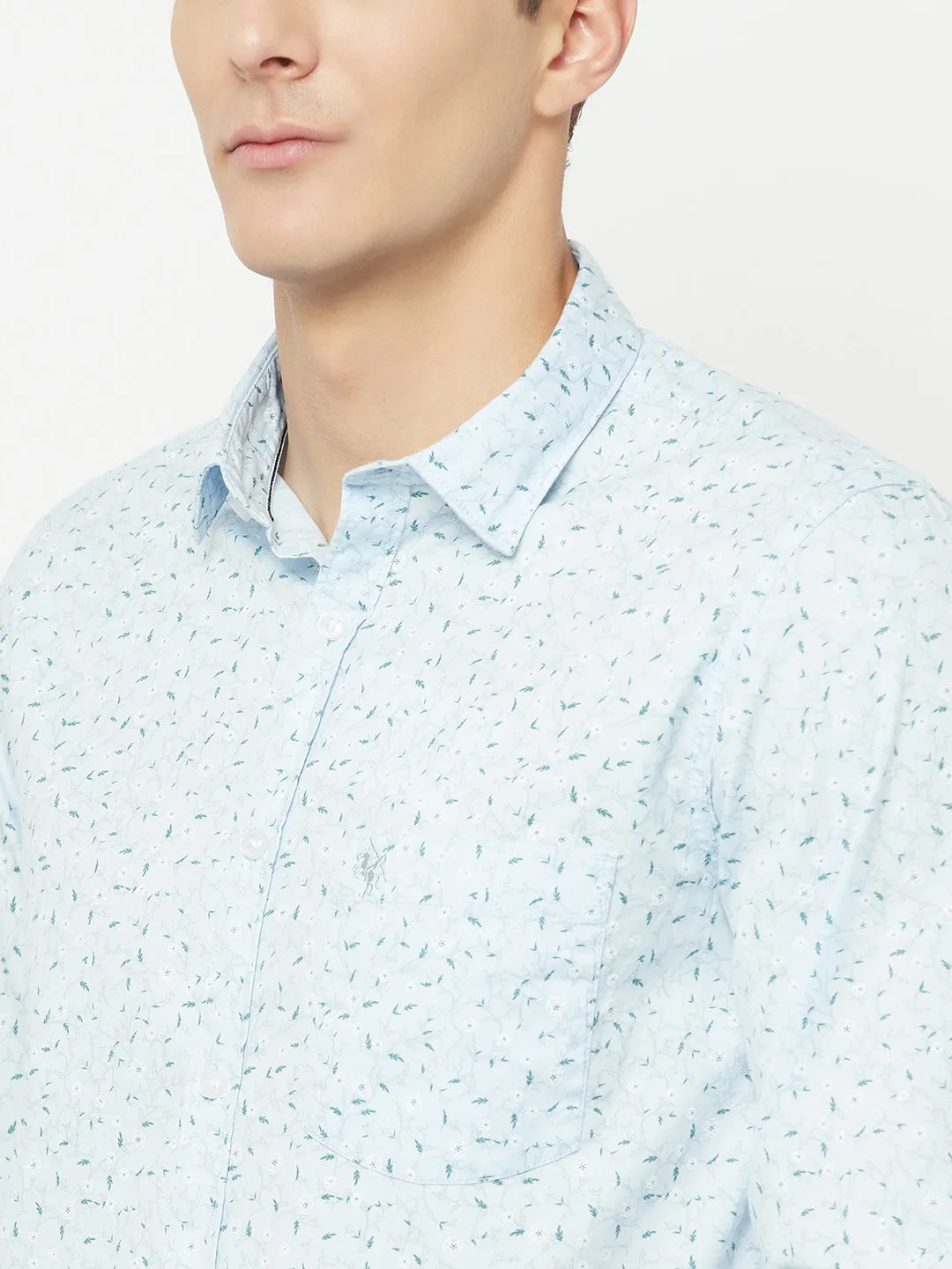 Men's Sky Blue Casual Floral Print Full Sleeve Shirt