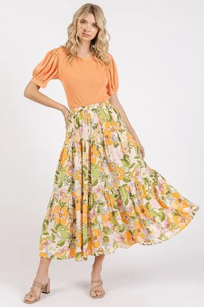 Mittoshop Flower Print Elastic Waist Tiered Skirt