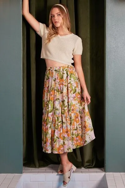 Mittoshop Flower Print Elastic Waist Tiered Skirt