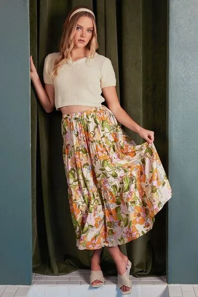 Mittoshop Flower Print Elastic Waist Tiered Skirt