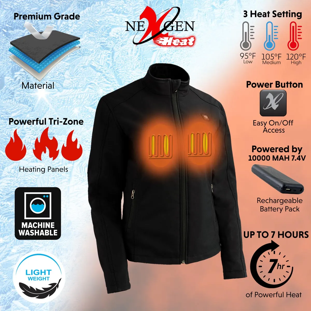 Nexgen Heat NXL2760SET Women's Black 'Heated' Soft Shell Jacket Front Zipper - Warming Jacket for Hiking Riding w/ Battery