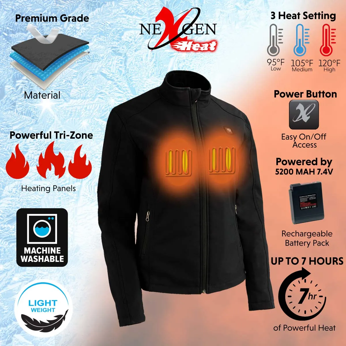 Nexgen Heat NXL2760SET Women's Black 'Heated' Soft Shell Jacket Front Zipper - Warming Jacket for Hiking Riding w/ Battery