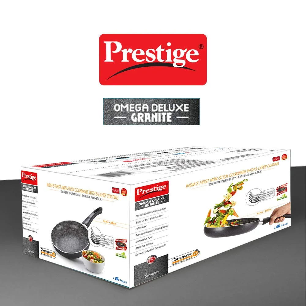 Prestige Omega Deluxe 24cm Granite Fry Pan with Glass lid|Gas & Induction Compatible | 5 Layers Non-Stick Cookware | Dishwasher Compatible