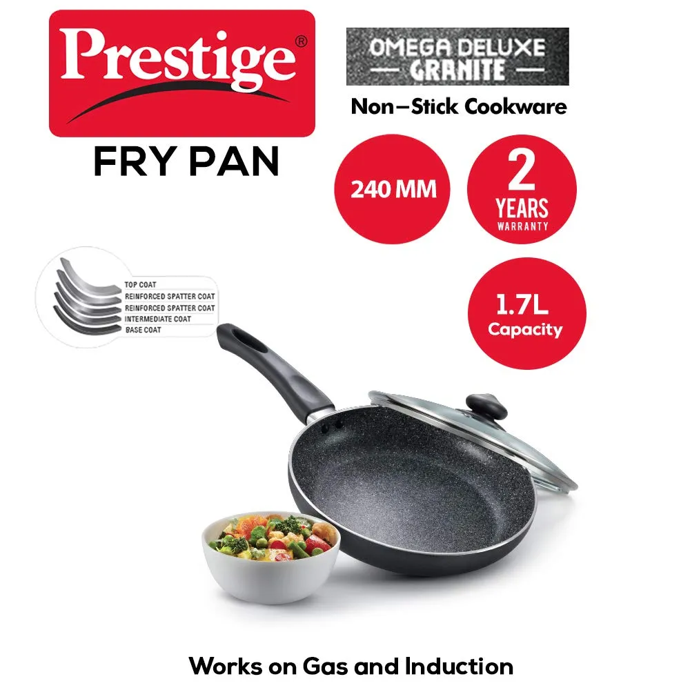 Prestige Omega Deluxe 24cm Granite Fry Pan with Glass lid|Gas & Induction Compatible | 5 Layers Non-Stick Cookware | Dishwasher Compatible