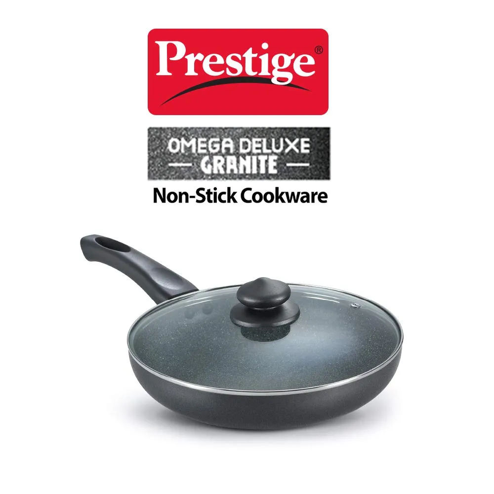 Prestige Omega Deluxe 24cm Granite Fry Pan with Glass lid|Gas & Induction Compatible | 5 Layers Non-Stick Cookware | Dishwasher Compatible