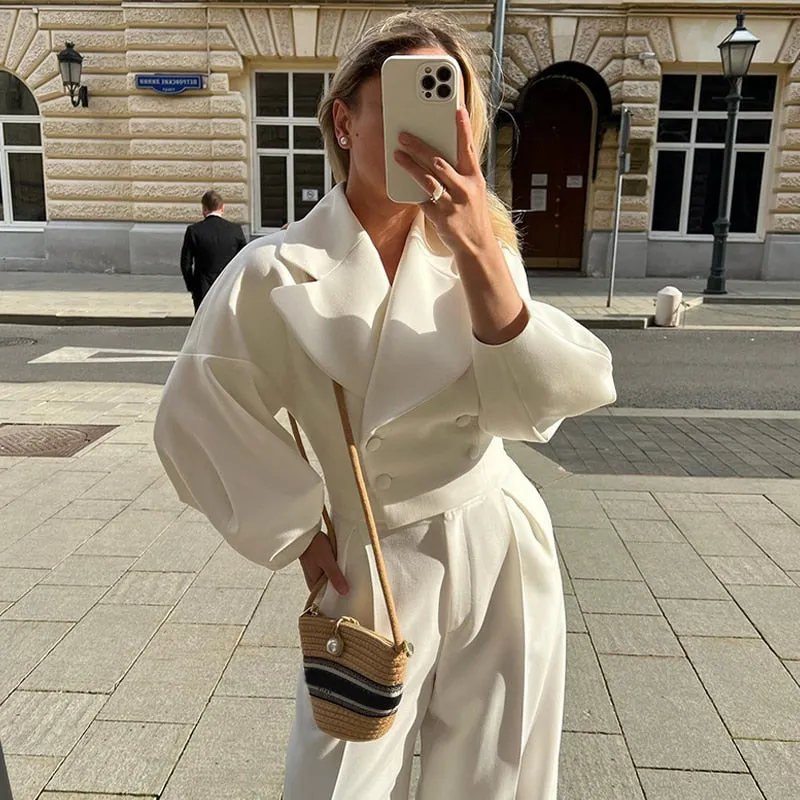 Purpdrank - Women Woolen Coats Two Piece Suit Autumn Winter Lantern Long Sleeve Coat Female Set Wide Leg Pants Elegant Office Lady Sets