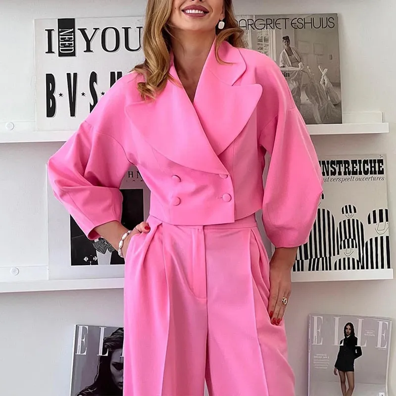 Purpdrank - Women Woolen Coats Two Piece Suit Autumn Winter Lantern Long Sleeve Coat Female Set Wide Leg Pants Elegant Office Lady Sets