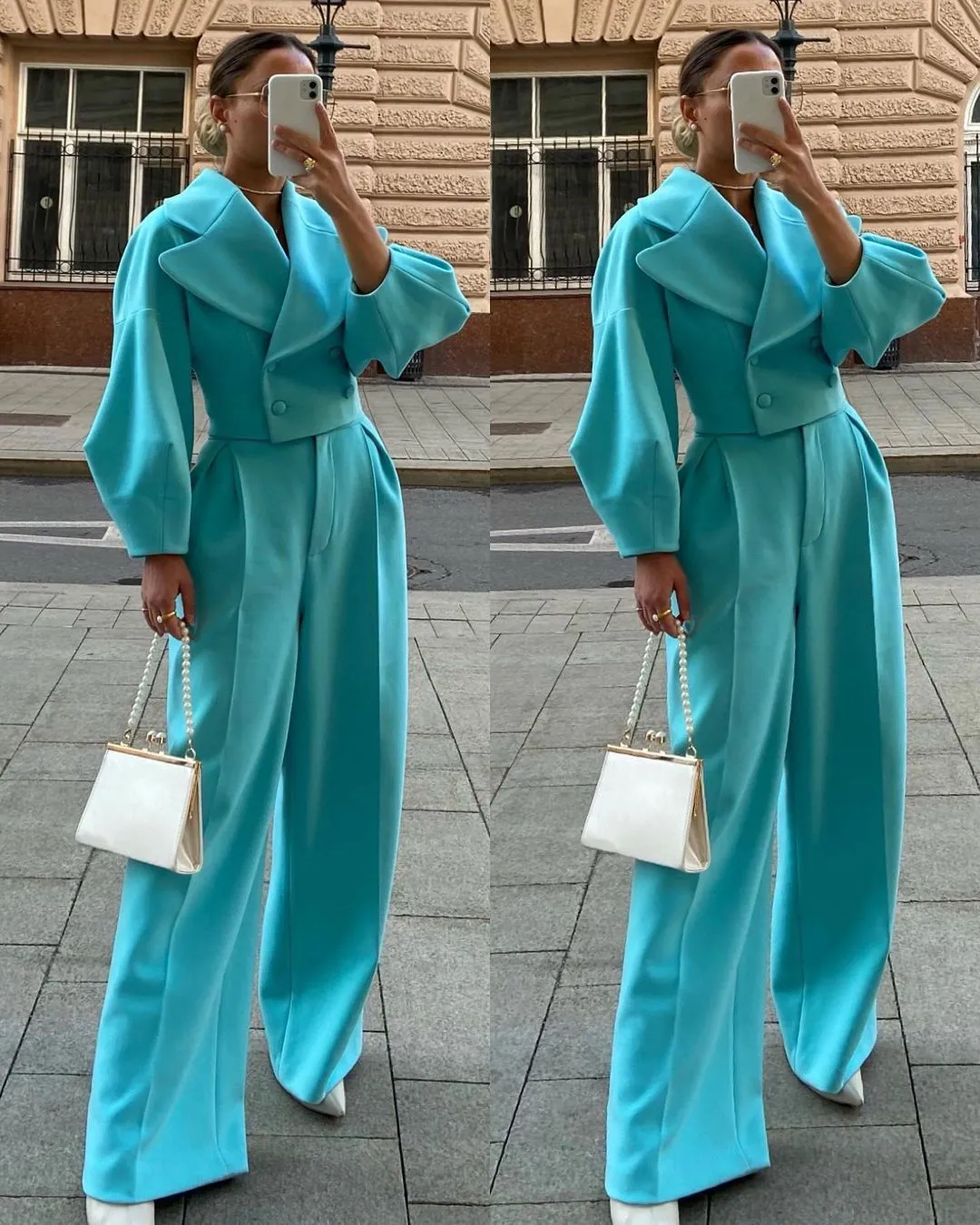 Purpdrank - Women Woolen Coats Two Piece Suit Autumn Winter Lantern Long Sleeve Coat Female Set Wide Leg Pants Elegant Office Lady Sets