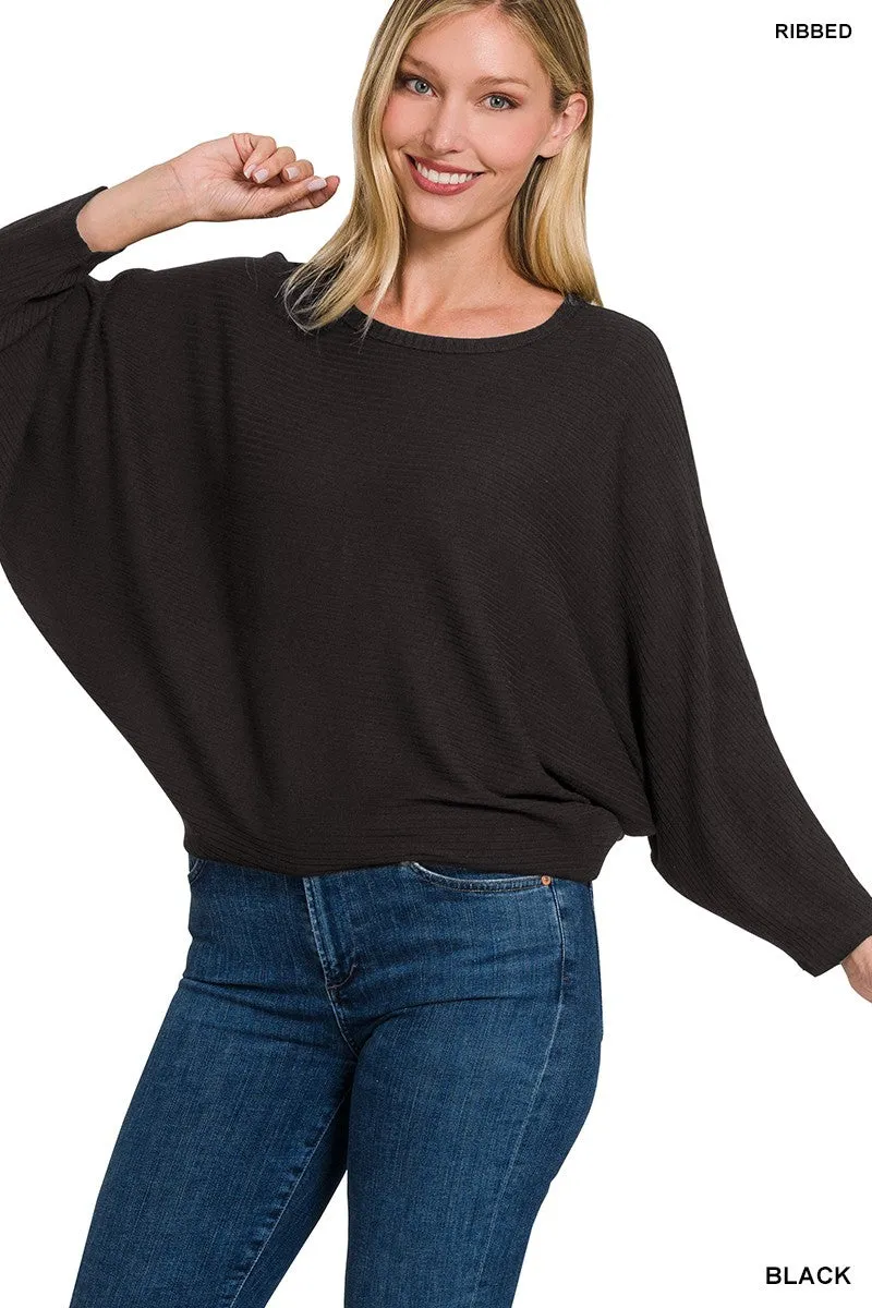 Ribbed Dolman Long Sleeve Boat Neck Sweater - Final Sale