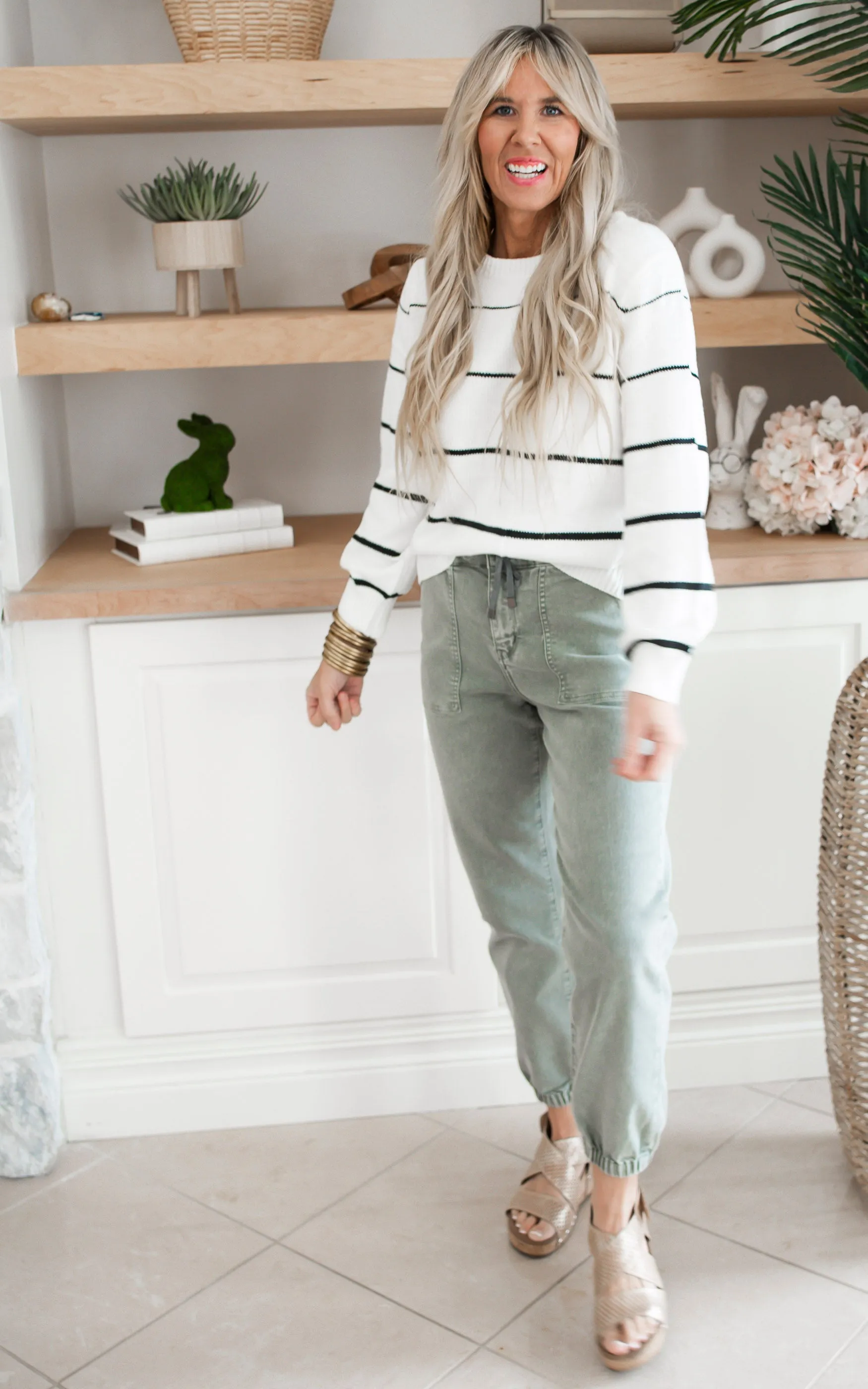 Striped Lightweight Cable Knit Sweater Top