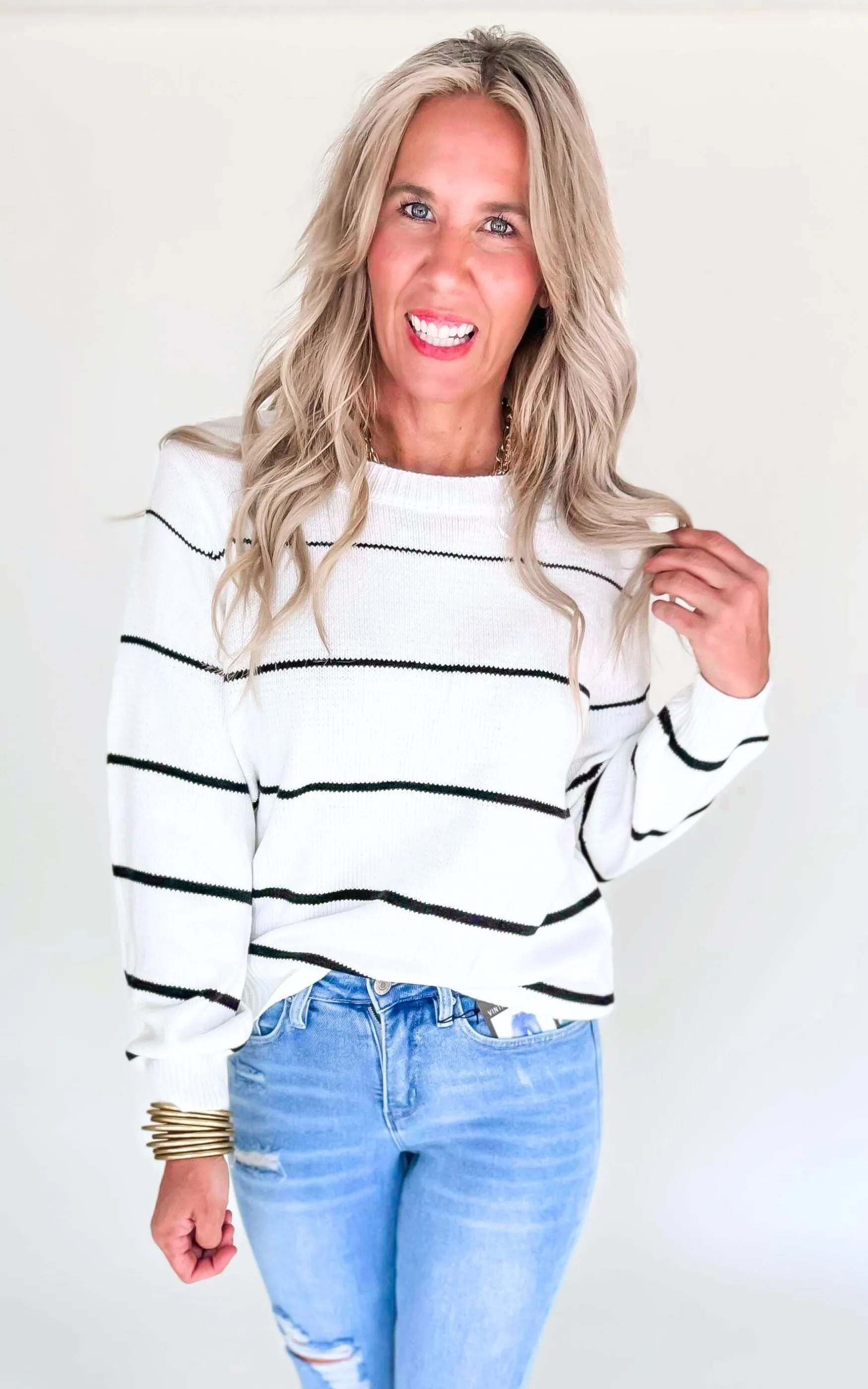 Striped Lightweight Cable Knit Sweater Top