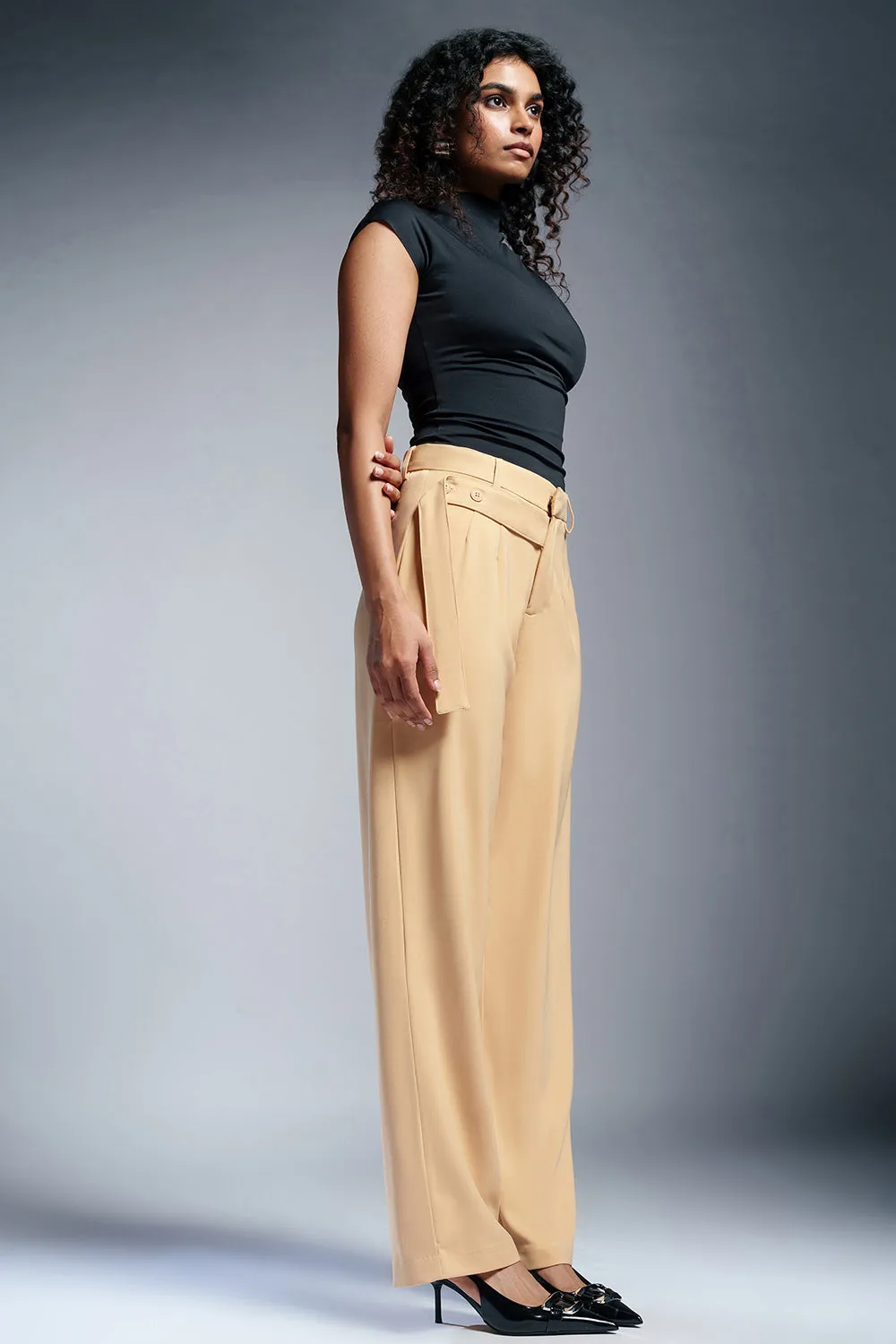 Sunlit Beige Strap Detailed Korean Pants