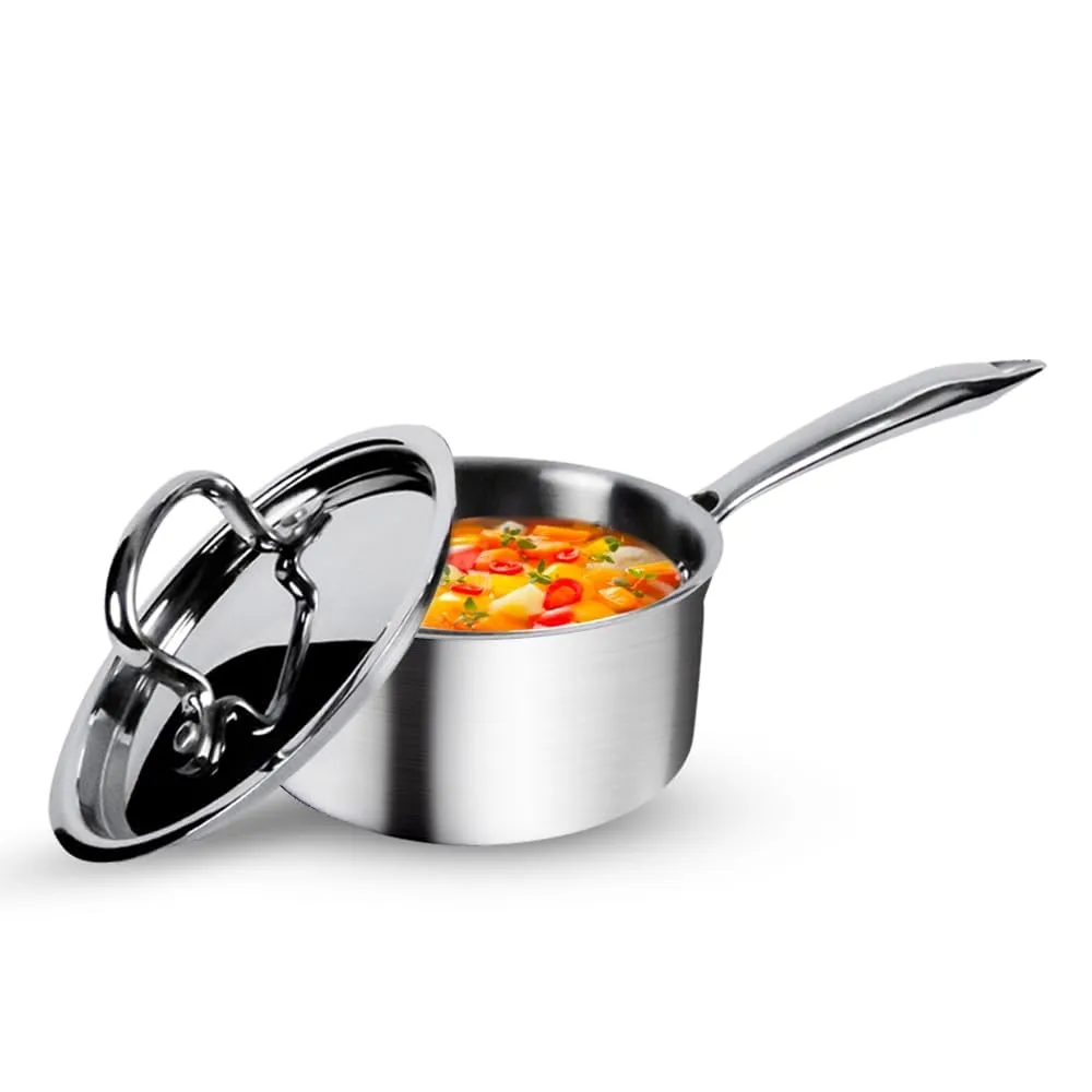 USHA SHRIRAM Triply Stainless Steel Sauce Pan with Lid (2Pcs - 1.4L, 2.2L)| Stove & Induction Cookware | Small Induction Sauce Pan for Tea with Long Handle | Steel Sauce Soup Pan for Tea | Milk Pan