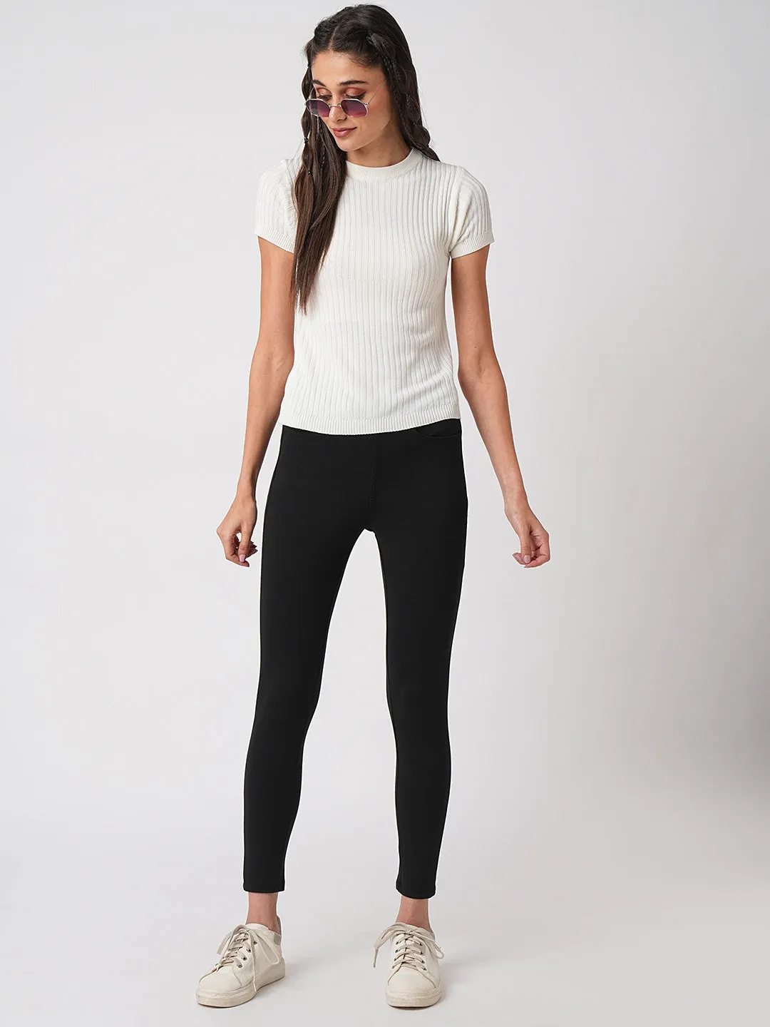 Women Black High-Rise Skinny Treggings