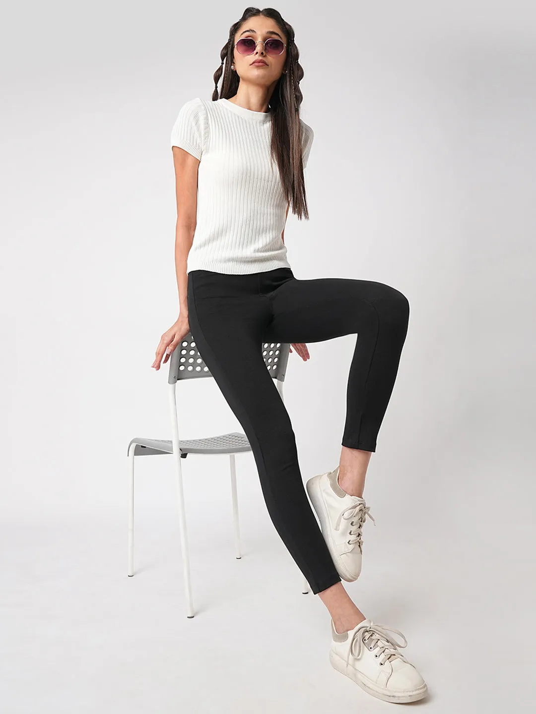 Women Black High-Rise Skinny Treggings