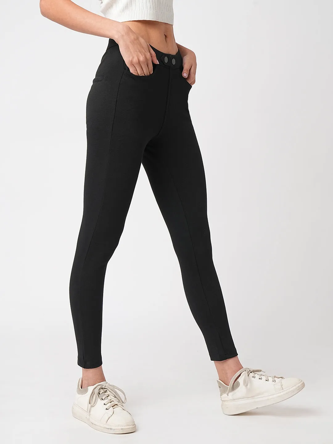 Women Black High-Rise Skinny Treggings