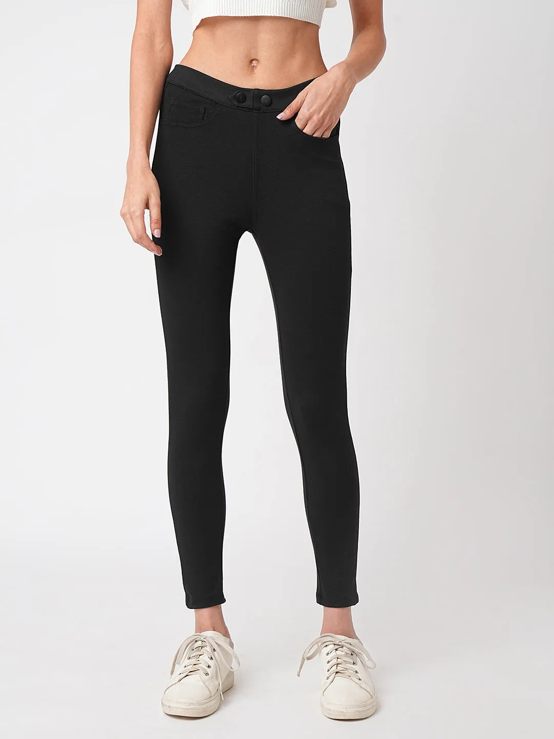 Women Black High-Rise Skinny Treggings