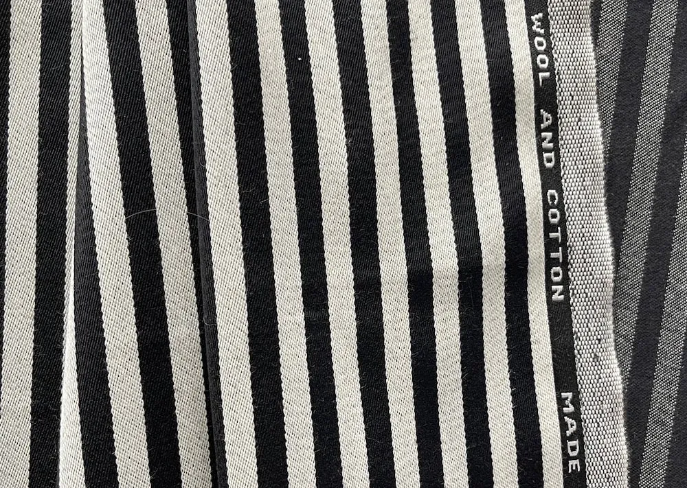 Zebra Crossing Black & White Satin Weave Wool-Cotton Suiting (Made in England)